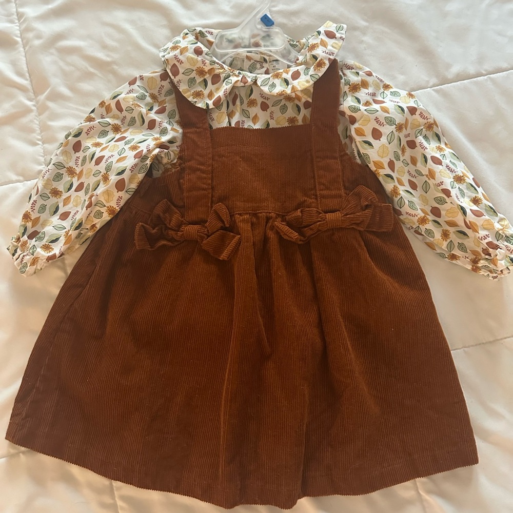 Brown Corduroy Pinafore Dress with Leaf and acorn Print Blouse 4T